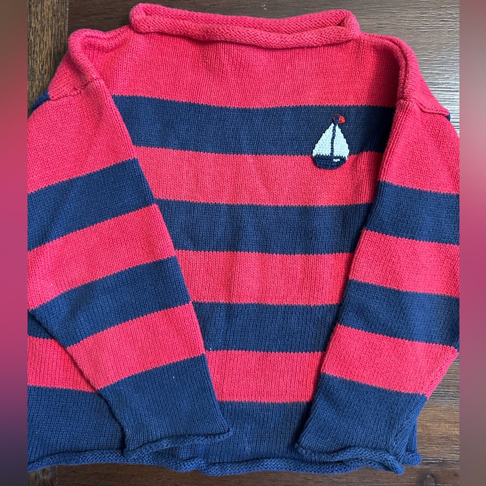 Striped Red and Blue roll neck Sweater with embroidered sailboat.